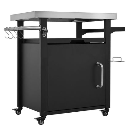 K&K 39.5" Outdoor Grill Cart with Storage Cabinet, Outdoor Bar Cart Pizza Oven Table with Wheels, Stainless Steel Top, Outdoor Kitchen Island with Spice & Paper Rack for BBQ, Waterproof Cover Included