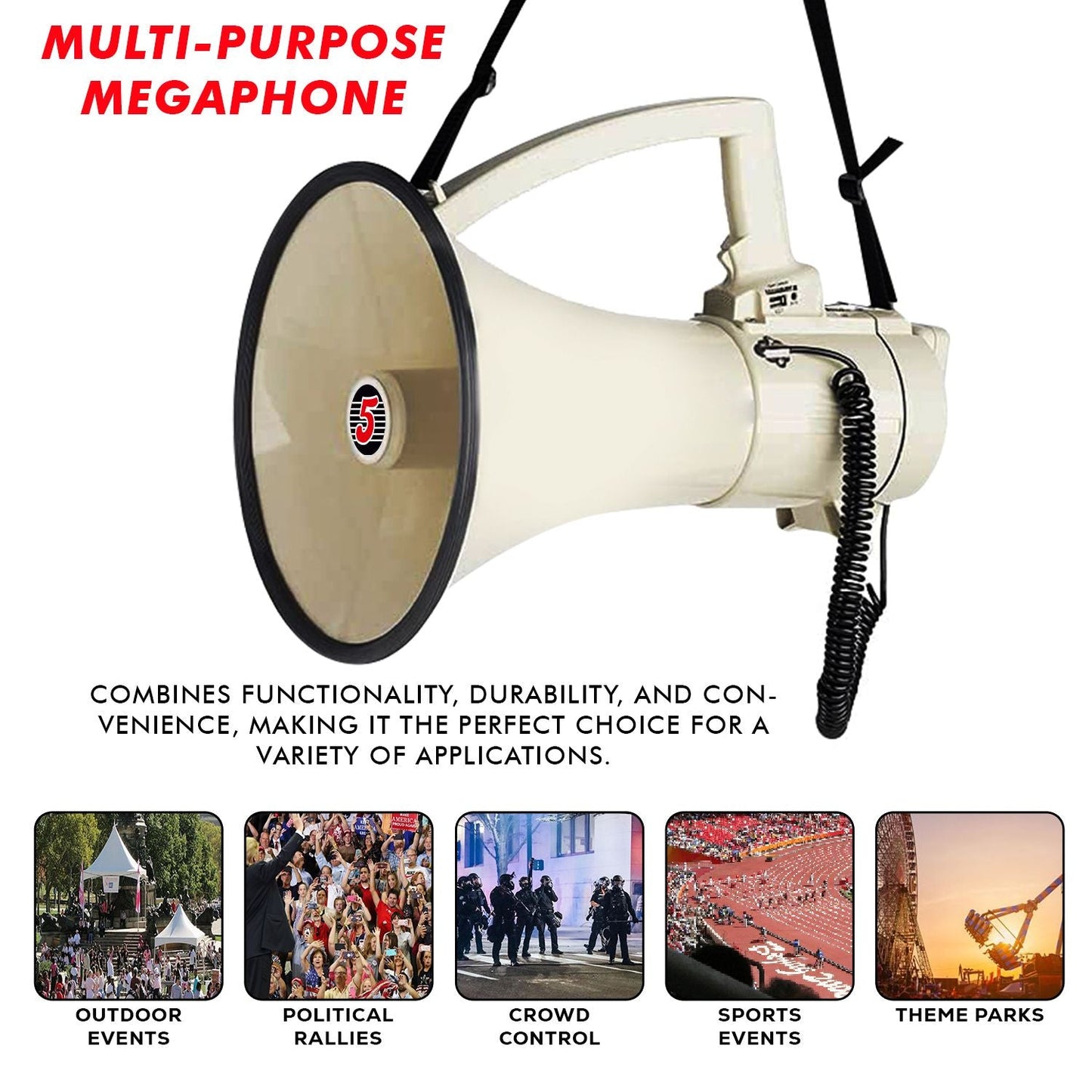 5 Core Megaphone 100W Bull Horn Professional PA Speaker w 2000 Yards Range Loud Siren Voice Amp