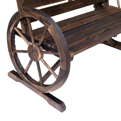 Outsunny Wagon Wheel Bench Rustic 2-Person Outdoor Patio Carbonized Finish with Backrest