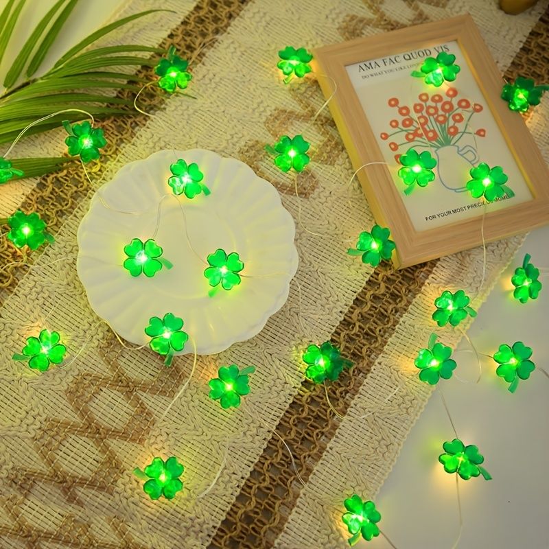 1 Set Of St Patrick's Day String Lights, Four-Leaf Clover Light String Shamrock Irish Fairy LED Light 10 Feet 40 Green Color LEDs Battery Operated With 8 Flashing