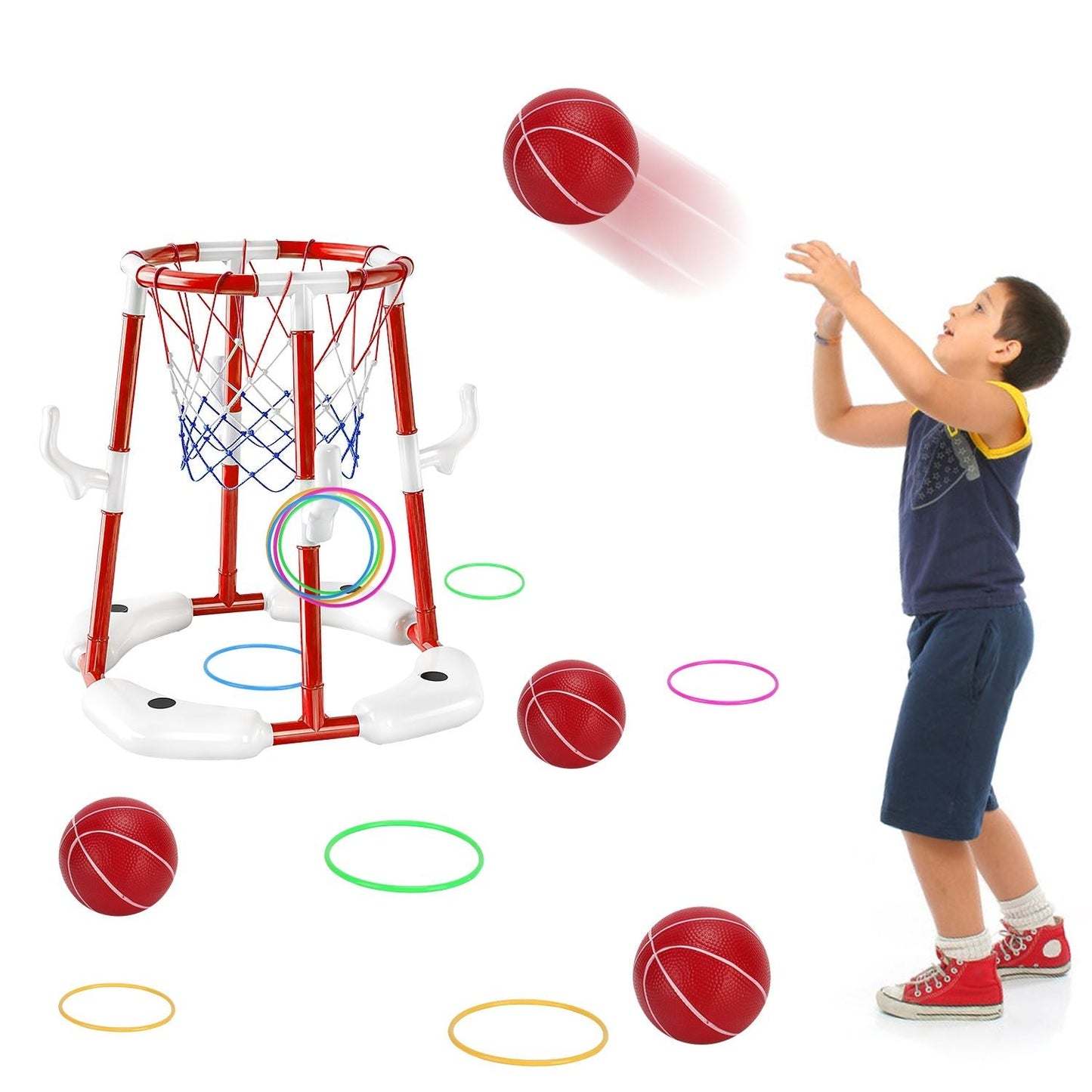 Summer Pool Basketball Hoop Toy Set With 4 Basketballs 4 Circles Pump Floating Swimming Pool Basketball Games Poolside Water Play Toy For 3-12Years Old Kids Adults