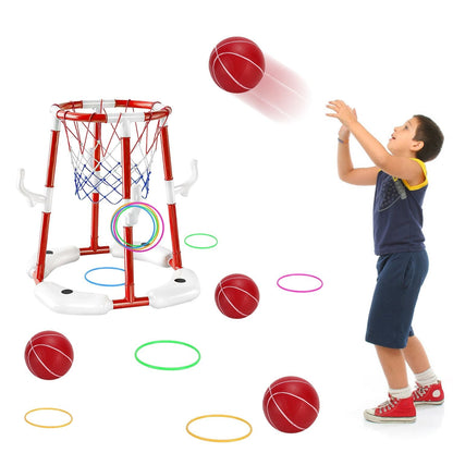 Summer Pool Basketball Hoop Toy Set With 4 Basketballs 4 Circles Pump Floating Swimming Pool Basketball Games Poolside Water Play Toy For 3-12Years Old Kids Adults