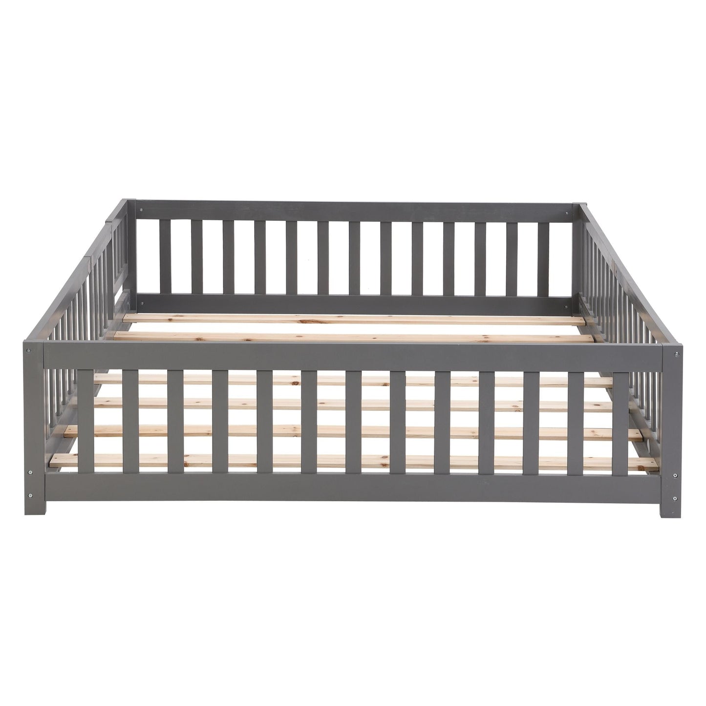 Full Size Floor Bed with Door, Solid Wood Platform Bed Frame with Fence, Suitable for children, Pine Wood