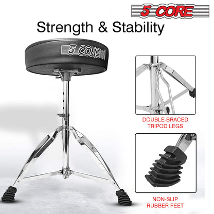 5 Core CHROME PRO Universal Drum Chair Round Padded Seat Throne Drum Stool Stand DS CH BLK