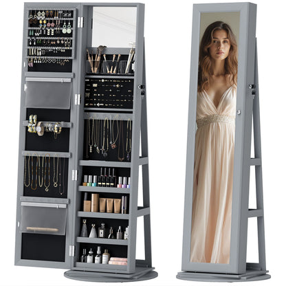 HOMCOM 360° Swivel Jewelry Armoire, Lockable Jewelry Cabinet with Full-Length Mirror, Storage Shelves, Gray