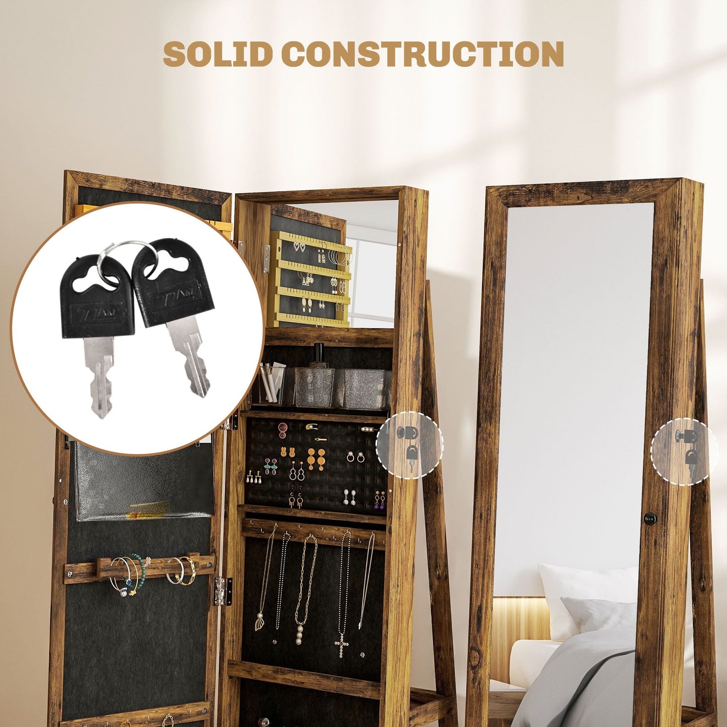 Swivel Jewelry Armoire, Lockable Mirror Jewelry Cabinet with Built-In Small Mirror, Rustic Brown