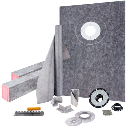 VEVOR Shower Curb Kit, 38"x60" Watertight Shower Curb Overlay with 4\" ABS Offset Bonding Flange, 4\" Stainless Steel Grate, 2 Cuttable Shower Curb and Trowel, Shower Pan Slope Sticks Fit for Bathro