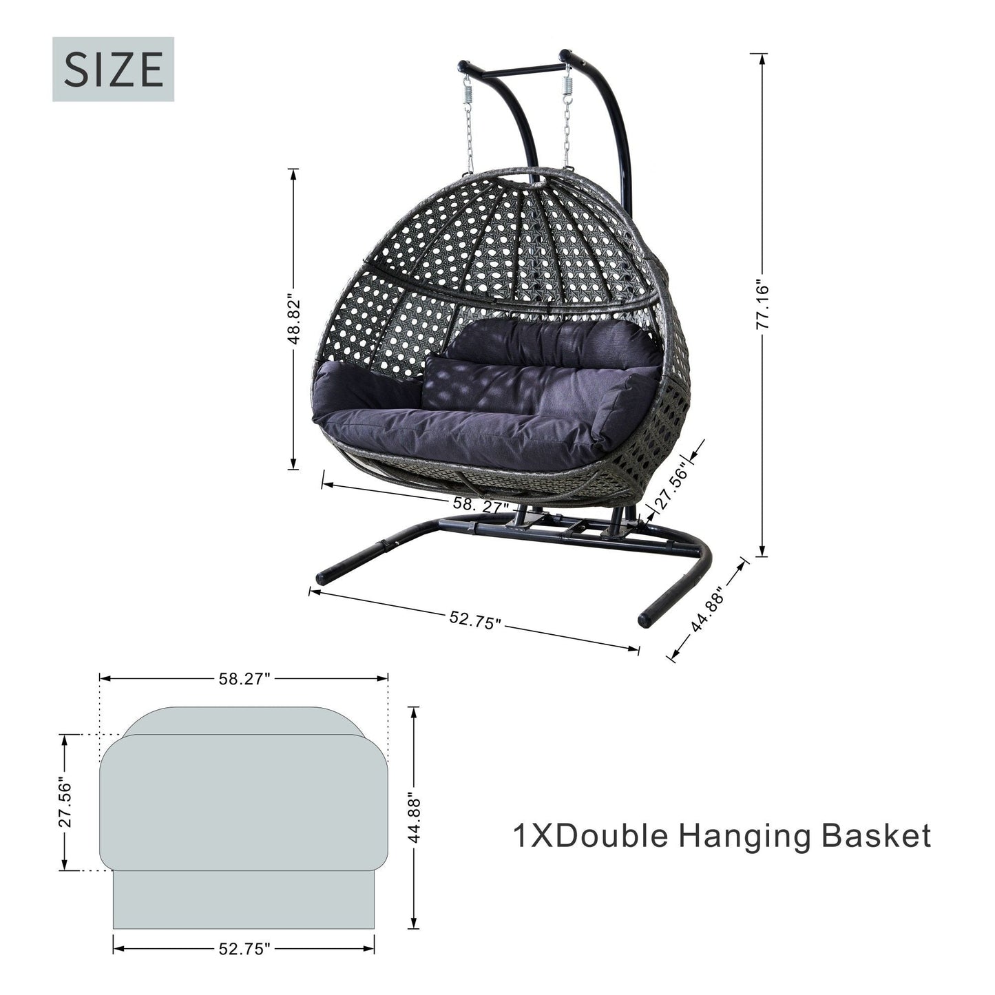 Double Wicker Swing Egg Chair,  All-Weather Rattan Hanging Hammock Chair for Home Bedroom Patio Balcony,Black&Grey