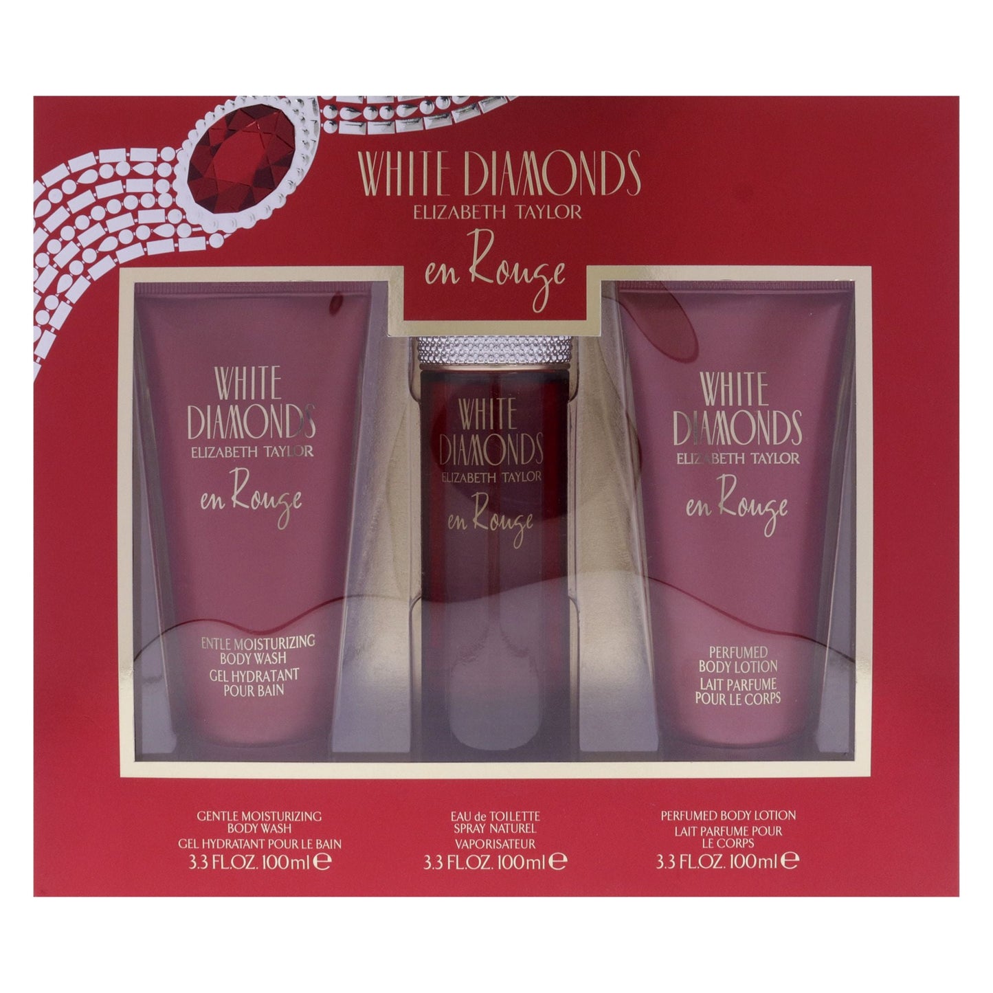 White Diamonds En Rouge by Elizabeth Taylor for Women - 3 Pc Gift Set 3.3oz EDT Spray, 3.3oz Body Lotion, 3.3oz Body Wash