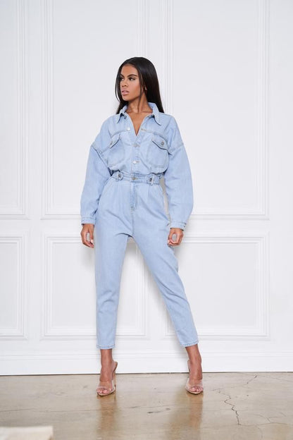 Button Front Pocket Design Long Sleeve Light Blue Jumpsuit