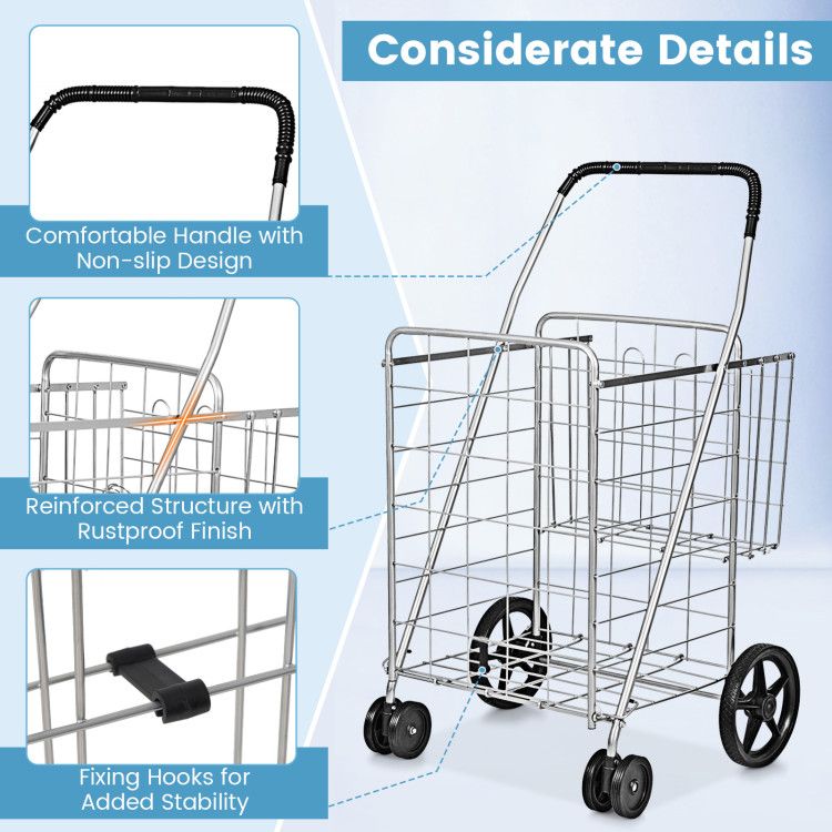 Folding Shopping Cart with Swiveling Wheels and Dual Storage Baskets