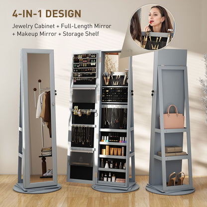 HOMCOM 360° Swivel Jewelry Armoire, Lockable Jewelry Cabinet with Full-Length Mirror, Storage Shelves, Gray