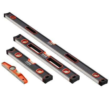 VEVOR 4-Piece Torpedo Level, 48/24/16/10 Inch All Magnetic Levels Set, Fluorescent Light Up Bubble Vials Ruler for 45/90/180 Degree, Aluminum Alloy Magnetic Box Leveler Tool, SAE and Metric Scale