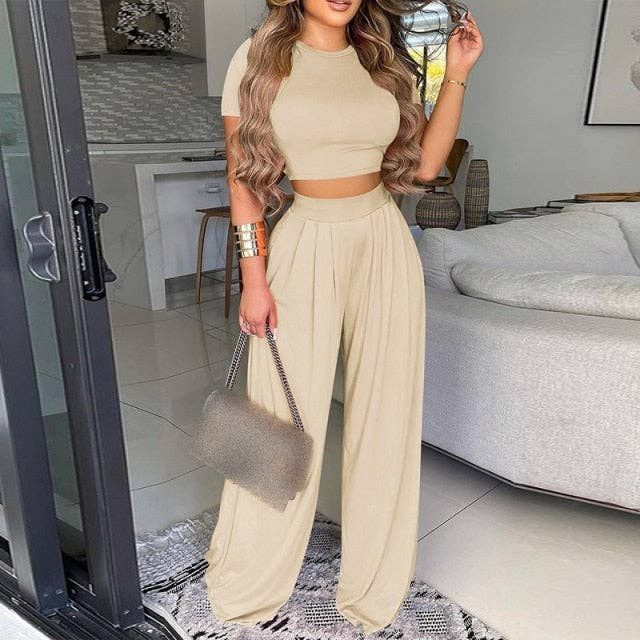 Two Piece Sets Elegant Print Short Sleeve Shirt Pullover Wide Leg Pants Suits