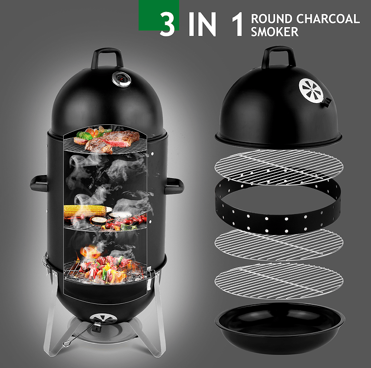 60608693 outdoor three-layer elliptical cylinder oven, temperature table control, exquisite technology, 3 in 1 iron carbon oven, portable charcoal grill, vertical steel charcoal smoke,