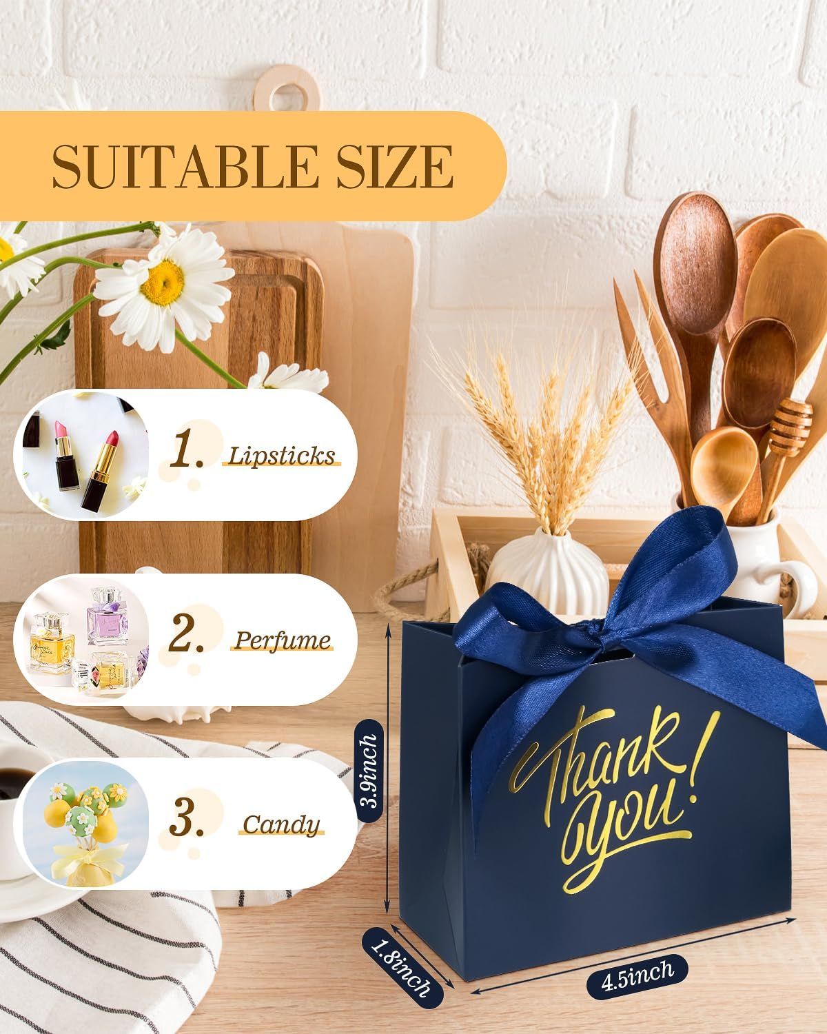 Small Gift Bags, 25 Pack 4.5x1.8x3.9 Inches Thank You Bags Navy Blue Kraft Paper Gift Bag with Bow Ribbon, Small Candy Bags for Birthday Wedding Baby Shower