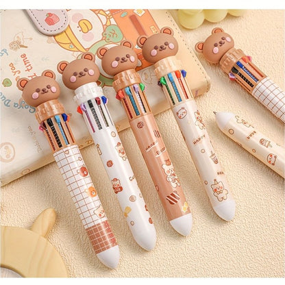 10-color Cartoon Ballpoint Pen Bear Press Color Pen Student Stationery Marker Pen Holiday Small Gift