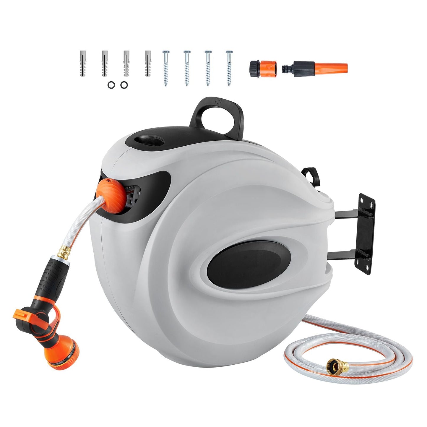 Retractable Hose Reel, 130 ft x 1/2 inch, 180° Swivel Bracket Wall-Mounted, Garden Water Hose Reel with 9-Pattern Nozzle, Automatic Rewind, Lock at Any Length, and Slow Return System