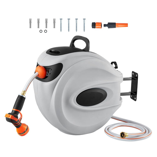 Retractable Hose Reel, 130 ft x 1/2 inch, 180° Swivel Bracket Wall-Mounted, Garden Water Hose Reel with 9-Pattern Nozzle, Automatic Rewind, Lock at Any Length, and Slow Return System