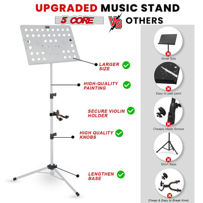 5 Core Music Stand For Sheet Music Height Adjustable Portable Folding Atril Para Partituras w Light Clip for Guitar Players Violinists Cellists Pianists - MUS FLD HD ACC WH