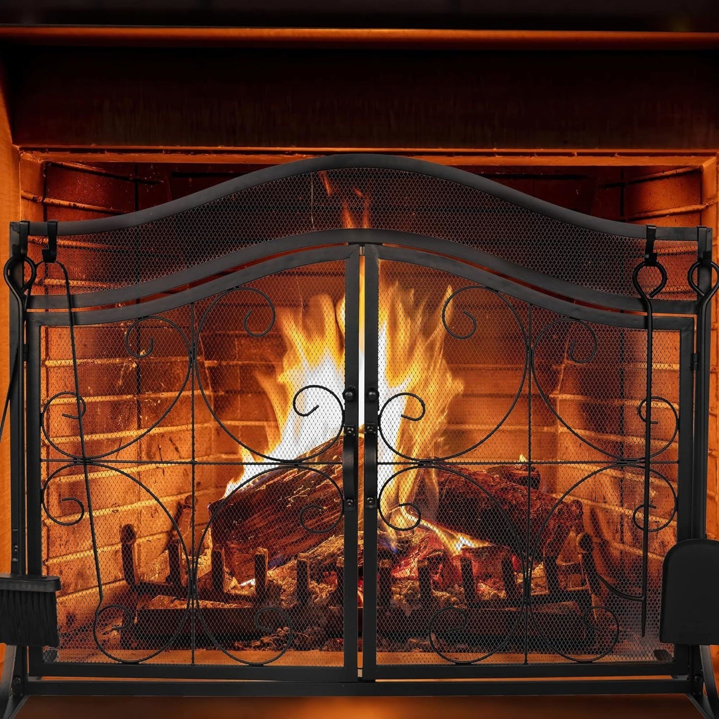 Fireplace Screen,  Metal Fire Place Cover Two-Doors Large Flat Guard Screens, Baby Safe Spark Guard Protector Wood Burning Stove Decorative Accessories