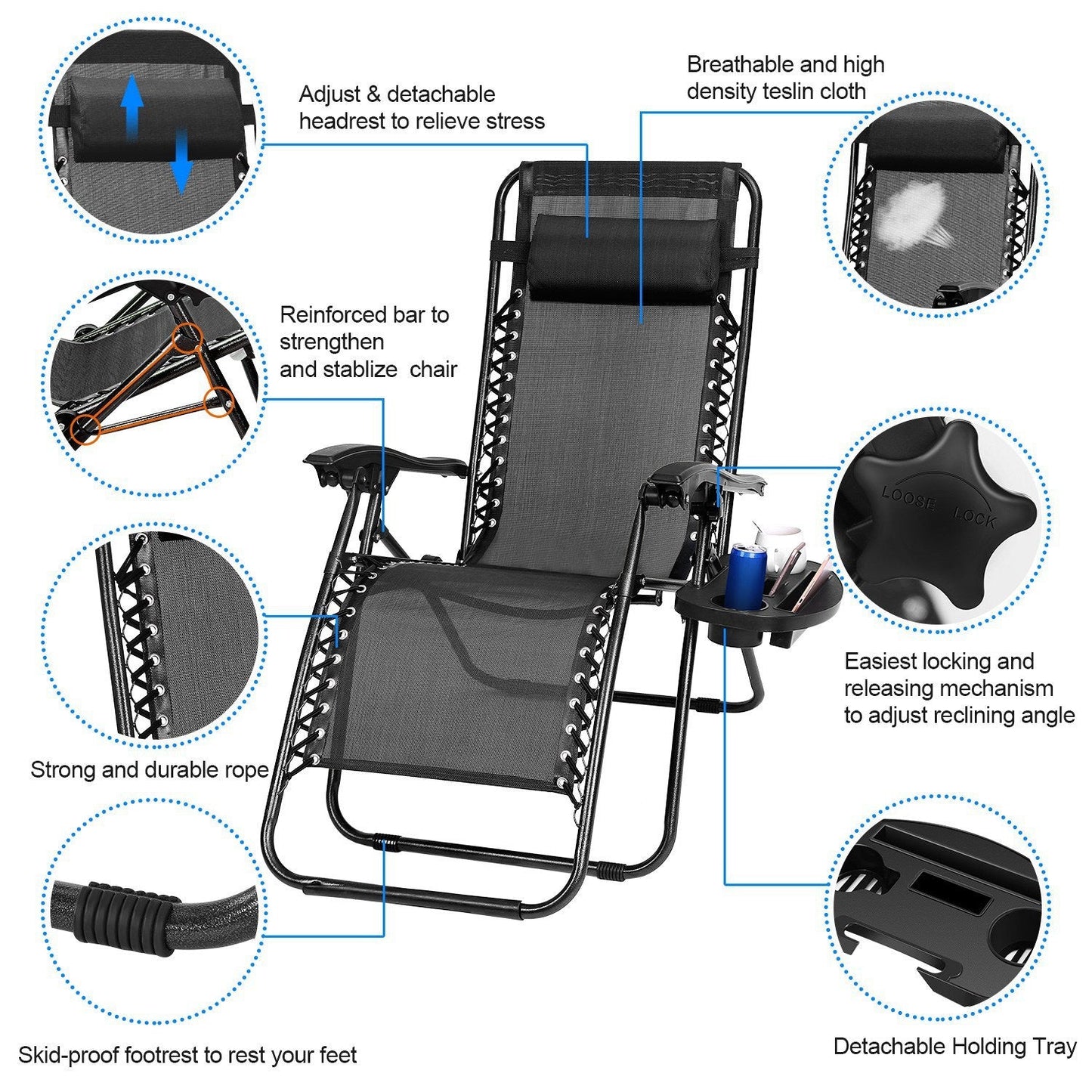2Packs Zero Gravity Lounge Chair with Dual Side Tray 330lbs Load Foldable Recliner Chair
