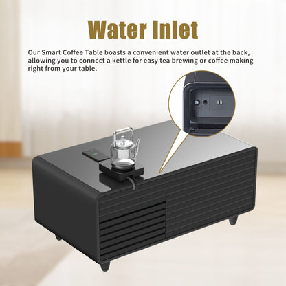 Modern Smart mini Coffee Table with Built in Fridge;  Outlet protection; Wireless charging module; Mechanical temperature control; Power socket; USB interface And power interface.
