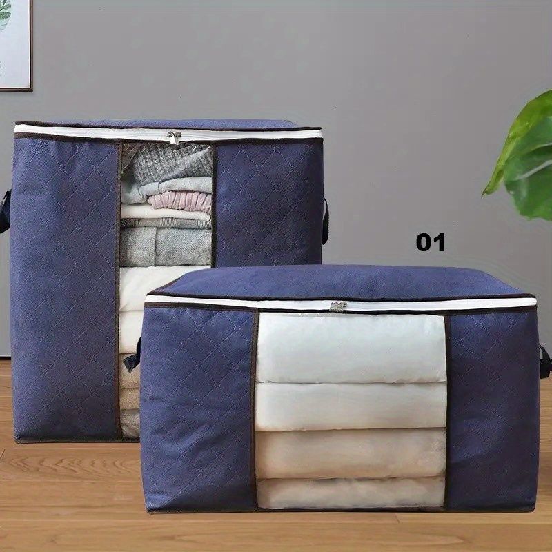 1pc Large Capacity Clothes Storage Bag Organizer With Reinforced Handle Thick Fabric For Comforters, Blankets, Bedding, Foldable With Sturdy Zipper, Clear Window
