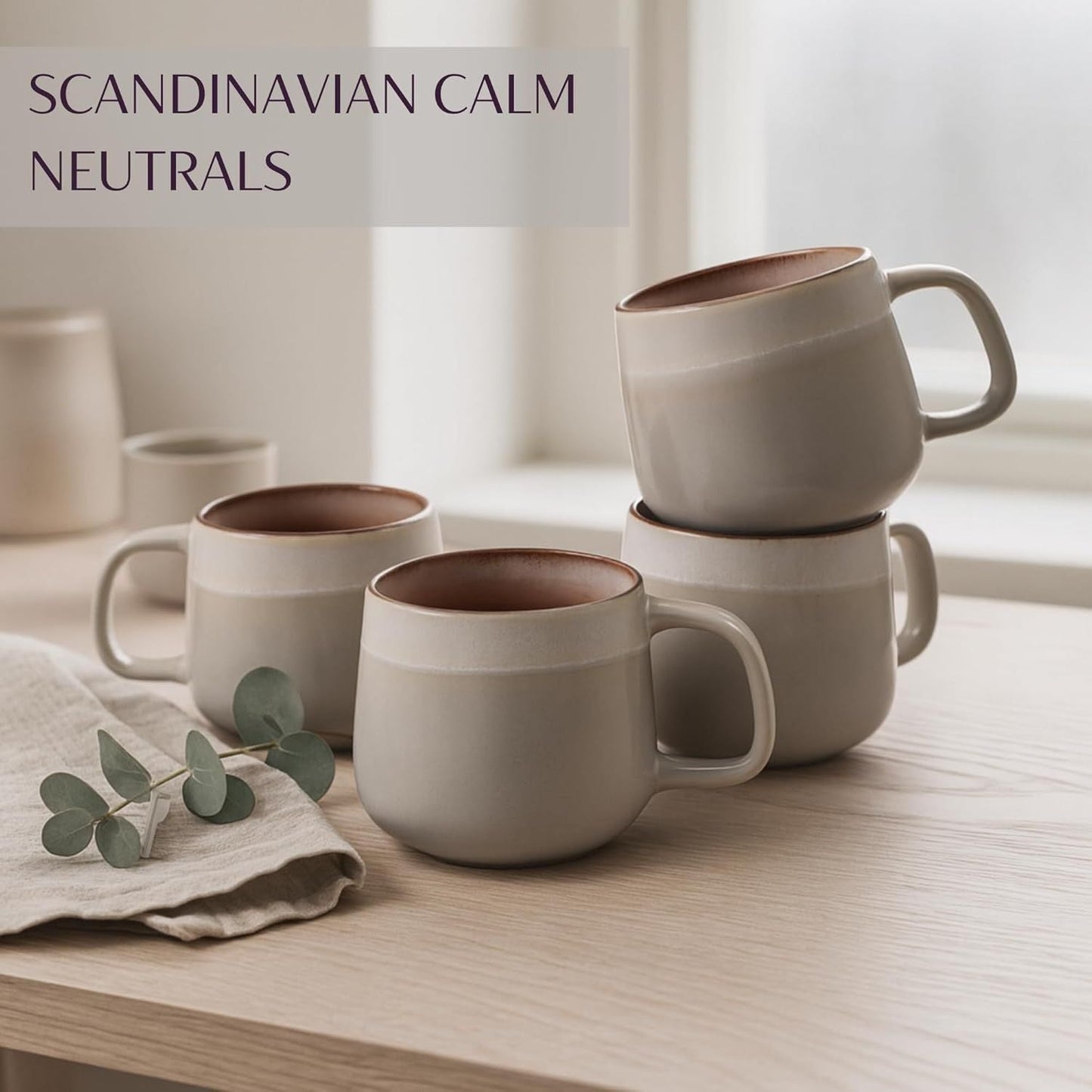 Ceramic Coffee Mugs Set of 4 | 12 oz Stoneware Coffee Cups | Lead-Free, Non-Toxic | Microwave and Dishwasher Safe | Comfortable Handle | Aesthetic Nordic Design for Tea and Latte | Sage