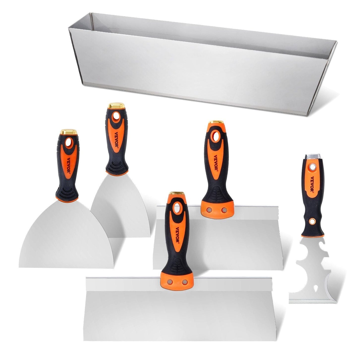 VEVOR Drywall Knife Set, 6 PCS Drywall Tools Includes 3" Painter Scraper, Two Putty Knives, Two Taping Knives and 12" Mud Pan, Stainless Steel Spackle Tool, Drywall Finishing Tools for Home