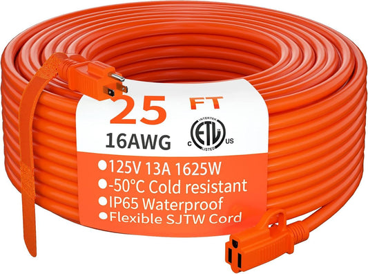 Indoor Outdoor Extension Cord 25 ft Waterproof, 16/3 Gauge Flexible Cold-Resistant Appliance Extension Cord Outside, 13A 1625W 16AWG SJTW, 3 Prong Electric Cable Orange, ETL