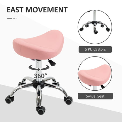 Saddle Stool Chic: Height Adjustable Rolling Salon Chair in Pink PU Leather for Massage, Spa, Clinic, Beauty, and Tattoo