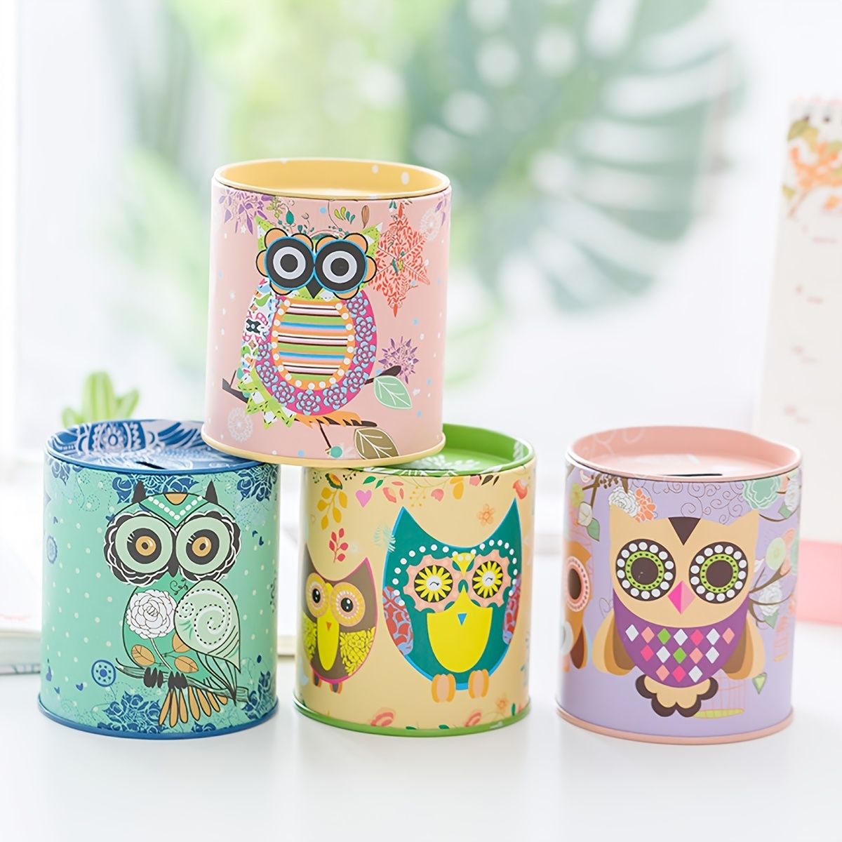 1pc Cartoon Owl Houndstooth Iron Material Round Storage Tank Money Bank