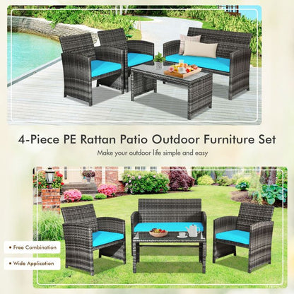 4 Pieces Patio Rattan Furniture Set with Glass Table and Loveseat