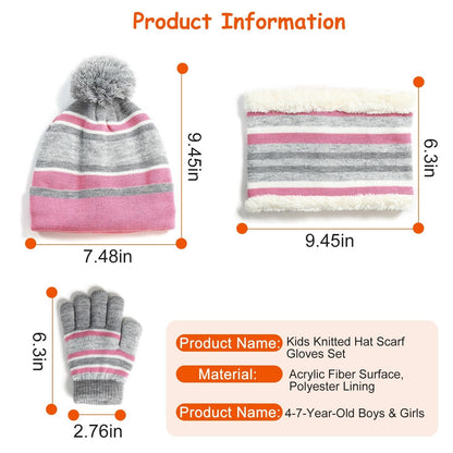 Winter Kids Knitted Hat Scarf Gloves 3Pcs Boys Girls Winter Warm Beanie Hat and Glove Scarf Set Beanie Neck Warmer Mittens for 4-7-Year-Old Kids