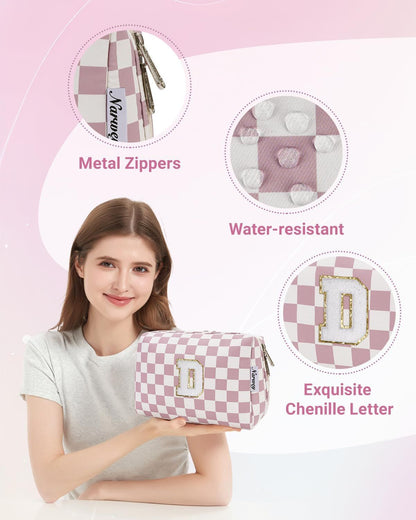 Birthday Gifts for Teen Girls Kids Women Personalized Initial Checkered Makeup Bag Pink Monogram Cosmetic Bag Trendy Stuff