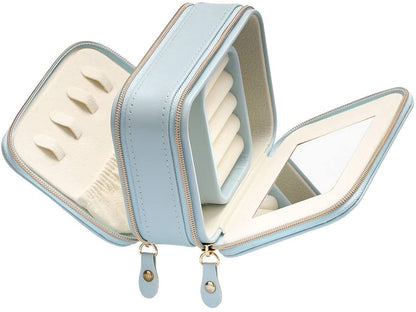 Jewelry Case with Double Zippers and Built-in Mirror Small Size PU Leather for Women and Girls Rings Earrings Necklace Organizer Jewelry Storage Box