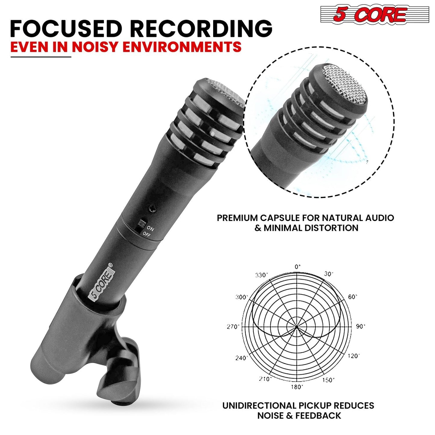5 CORE Professional Instrument Microphone Pencil Mic Condenser Cardioid Unidirectional Stick Microfono with Windscreen Mic Clip & Case - INSTRU MIC 100 GREY