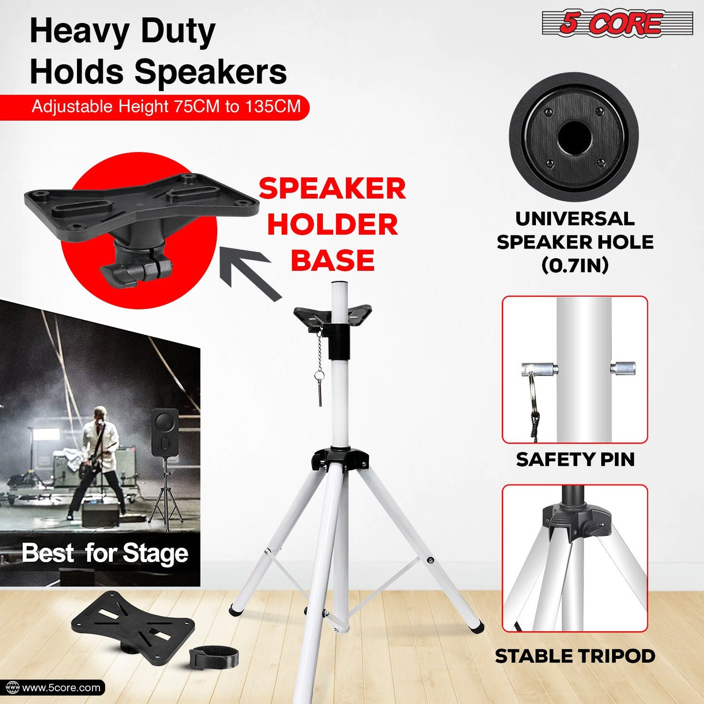 5 Core Speaker Stand Tripod Floor Heavy Duty Adjustable Up to 72 Inch DJ Studio Monitor Stands Pole Mount- SS HD WH BAG