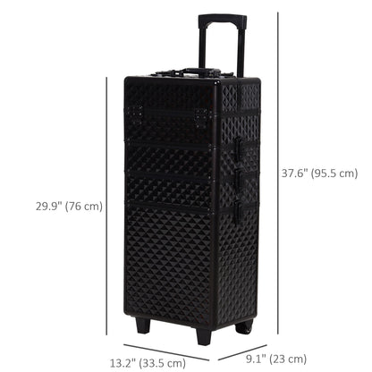 4 in 1 Makeup Train Case Portable Aluminum Rolling Cosmetic Organizer Trolley with Wheels Multiple Compartments Black