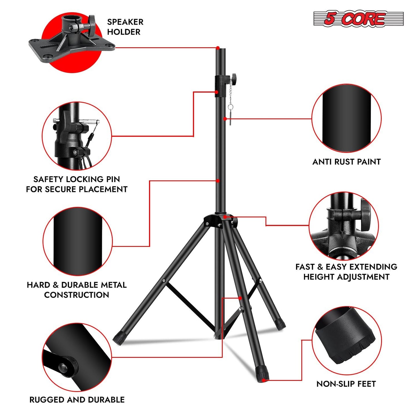 5 Core Speaker Stand Tripod Floor Tall Adjustable Up to 72 Inch DJ Studio Monitor Stands Pole Mount - SS ECO 1PK WOB