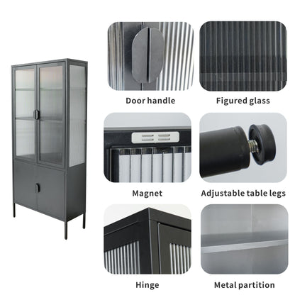 Elegant Matte Black Metal and Glass Storage Cabinet with Adjustable Shelves