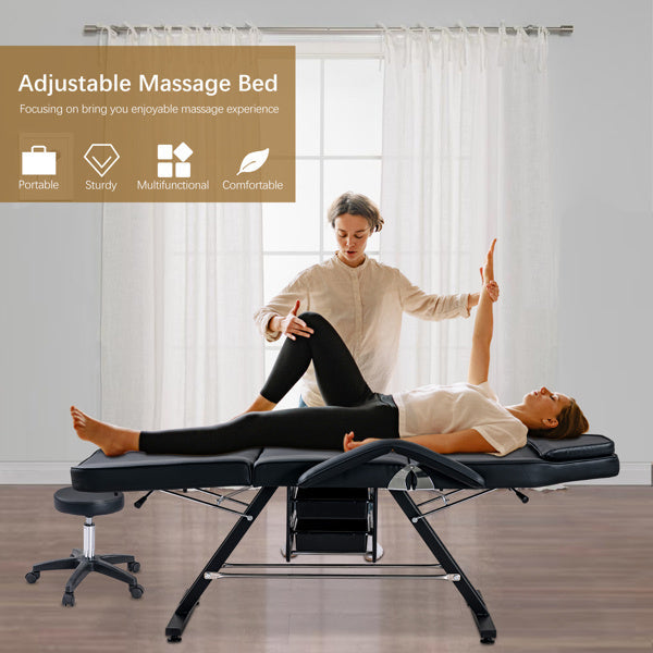 Massage Salon Tattoo Chair with Two Trays Esthetician Bed with Hydraulic Stool, Multi-Purpose 3-Section Facial Bed Table, Adjustable Beauty Barber Spa Beauty Equipment, Black