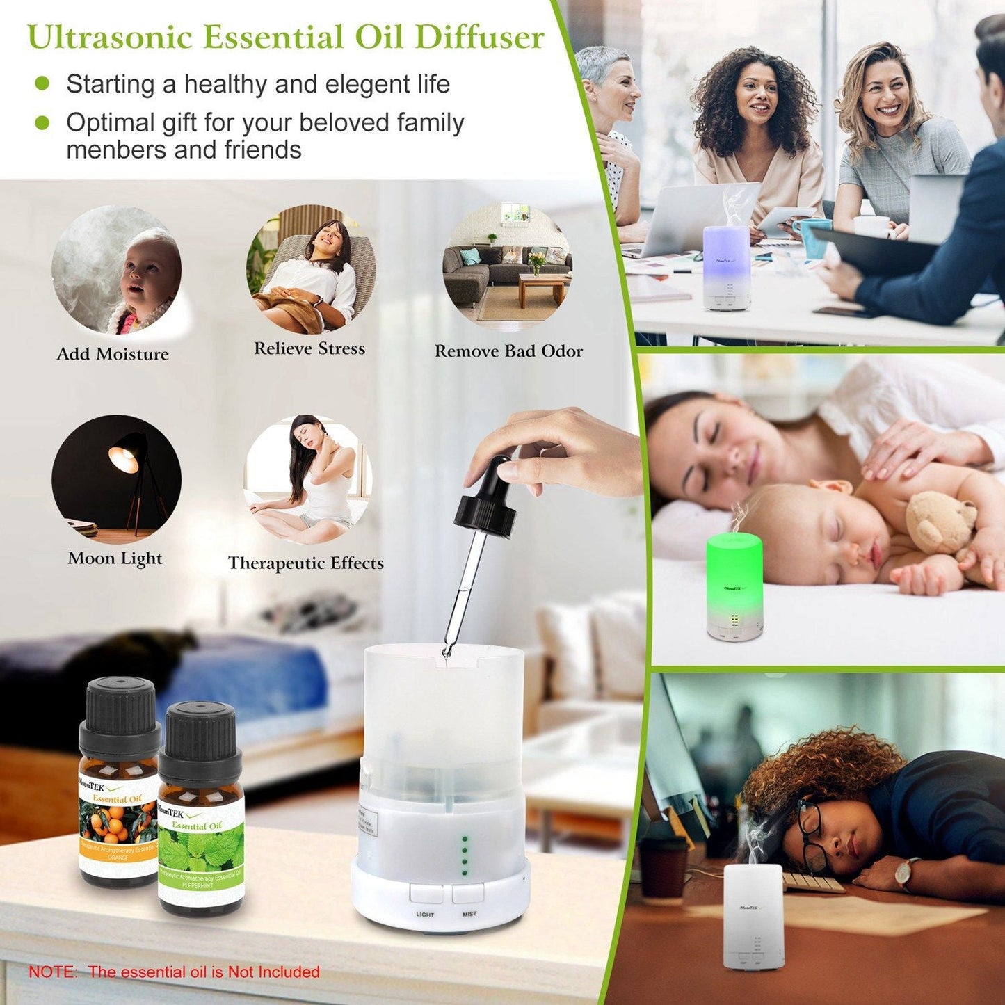 Ultrasonic Cool Mist Humidifier Mini Aroma Essential Oil Diffuser with Colorful Lights 4 Timer Settings