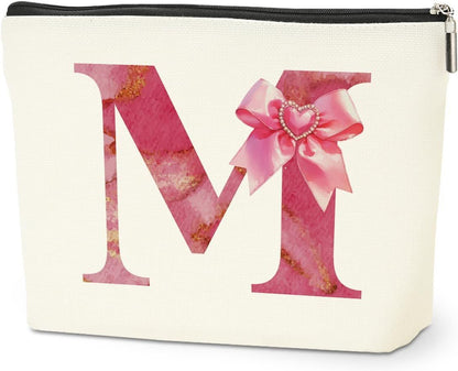 Personalized Initial Makeup Bag, Monogram Bow Travel Toiletry Make Up Bags Cute Preppy Cosmetic Bag Pouch Makeup Organizer Mothers Day Wedding Birthday Gifts for Women Friends Sister Girls Pink M