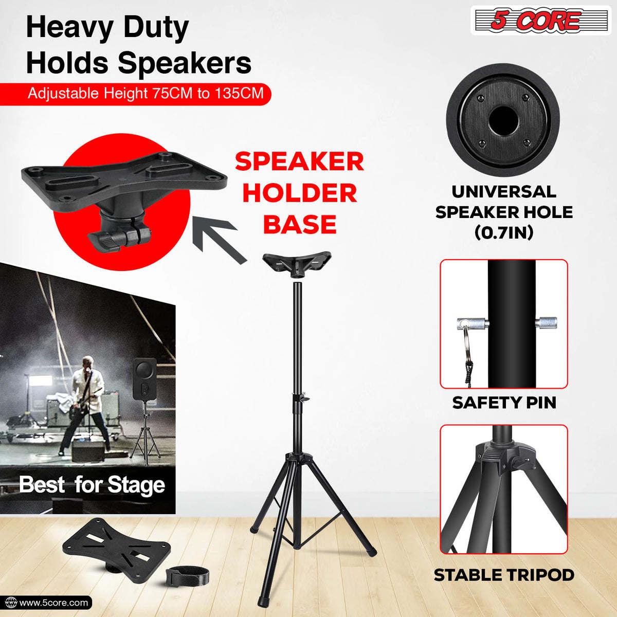 5 Core Speaker Stand Tripod Heavy Duty Adjustable Up to 72 Inch DJ Studio Monitor Stands Pole Mount - SS HD BLK WOB