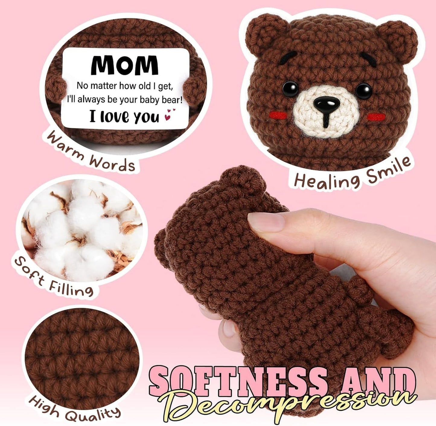 Birthday Gifts for Mom, Handmade Positive Crochet Bear Decor, Mom Gifts for Birthday Christmas Mothers Day, I Love You Present for Mum Mother in Law Bonus Step Mama Mommy