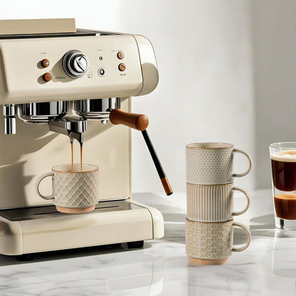 12OZ Stackable Coffee Mugs, Ceramic Coffee Mugs with Texture Patterns for Man,Woman,Dad,Mom, Modern Coffee Mugs Set of 4 for Latte/Cappuccino/Cocoa. Dishwasher&Microwave Safe, Pale Khaki