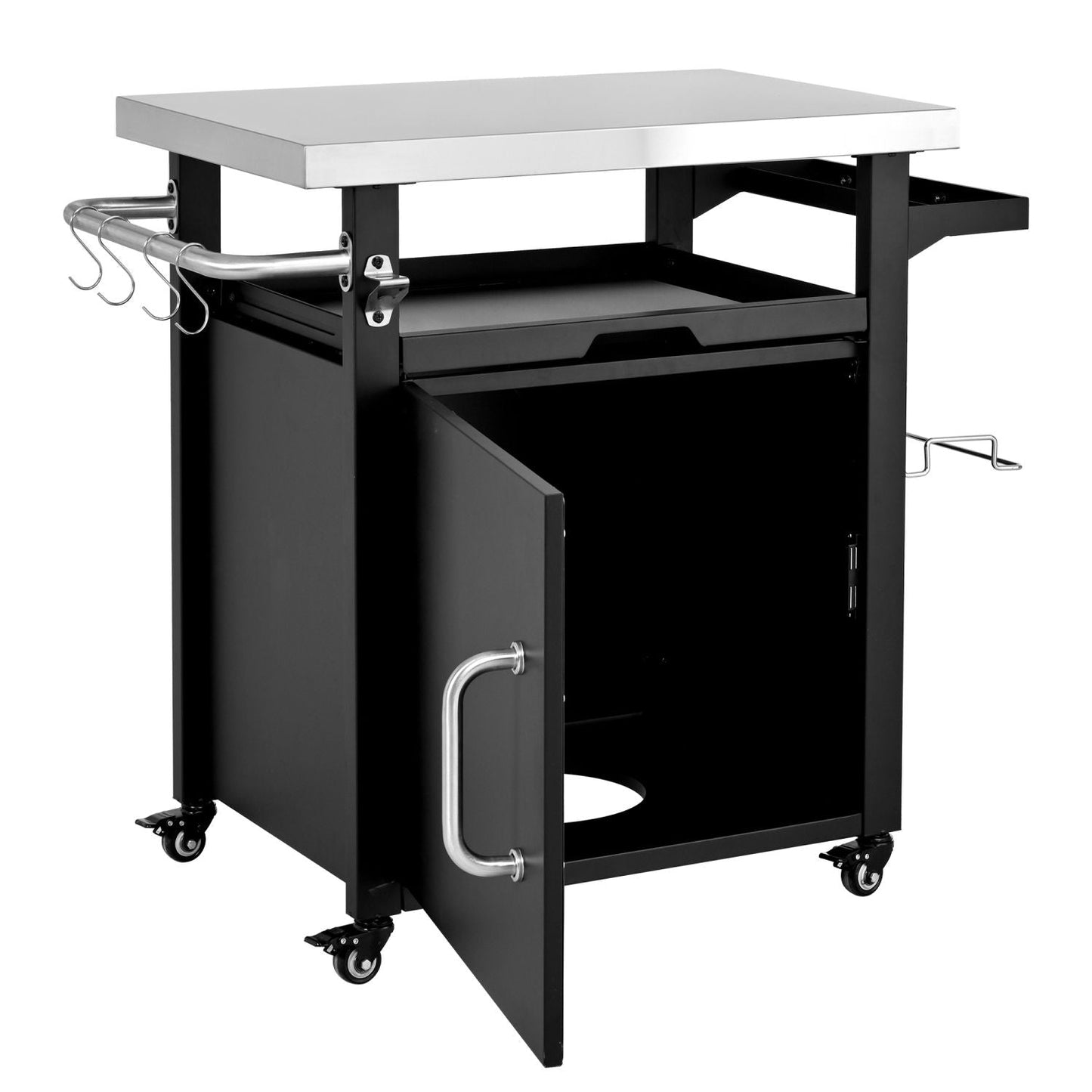 K&K 39.5" Outdoor Grill Cart with Storage Cabinet, Outdoor Bar Cart Pizza Oven Table with Wheels, Stainless Steel Top, Outdoor Kitchen Island with Spice & Paper Rack for BBQ, Waterproof Cover Included