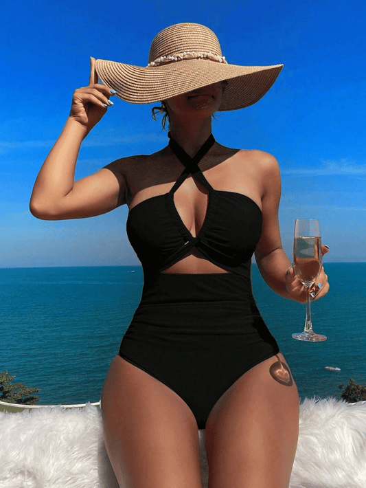 Ladies' cross pleated sexy hanging neck and exposed waist one-piece bikini swimsuit